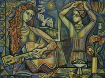 Two Womeen one doing hair other with a guitar