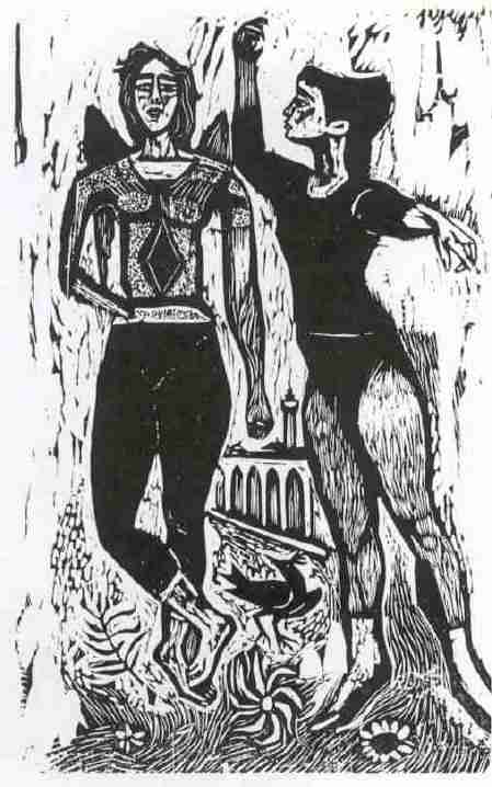 /PasDeDeux, a 1958 black &white woodcut by Irving Amen