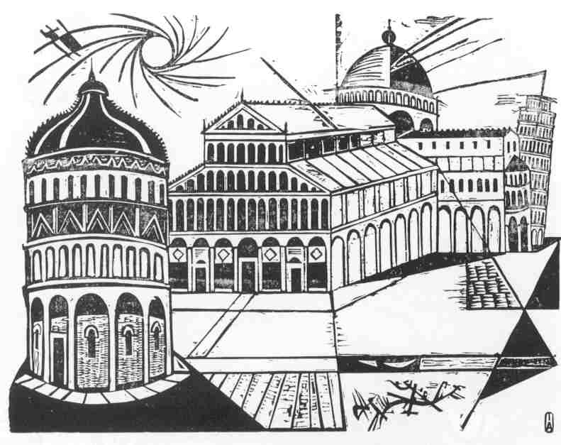 Pisa, a 1958 black &white woodcut by Irving Amen