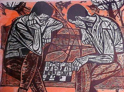 Duel, a wood cut of two men playing chess