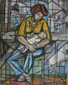 Woman with baby and city behind