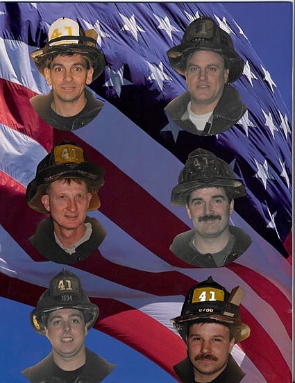 Squad 41 lost: LT Michael Healey, Robert Hamilton, Bruce van Hine, Michael Lyons, Thomas Cullen, and Gregory Sikorsky on September 11, 2001click here to go to Squad 41 Memorial site