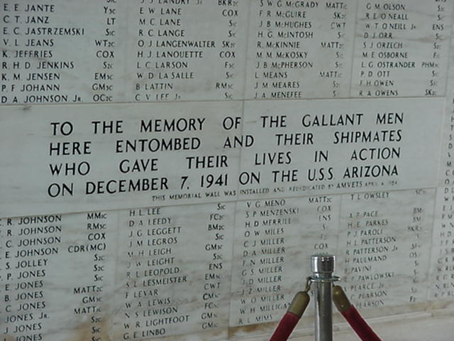 The wall inside the Arizona Memorial with the names of those who died that day.
