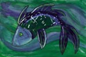   The Green Fish. This was done with acrylic paint on acetate. I was given a brief lesson on cell painting at an
anime convention once, and thought it so much fun, I still paint on
transparencies when I can. This was originally supposed to be half of a Pisces
piece, but then I liked them just as well separately.