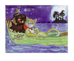  The Odd Couple. For this project,
 we were only given the title to work with. The oddest couple I could think of was the Owl
 and the Pussycat from the nursery rhyme of the same name. The funny thing was, I was the 
 only one in the area who'd ever heard of such a thing. I had to find an old Mother Goose 
 storybook to prove I wasn't making it up. This is water color on illustration board.