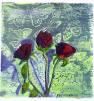 This was a Xerox transfer with oil. The butterfly background is by M.C.Escher. The dried roses were given to me on my birthday the year before this was painted. Thanks to Rob for those.