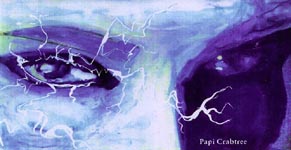 Storm Eyes. I've always been fascinated by lightning. I love storm-watching. I can get lost in it,
and this is a piece about a storm lost in me. It was done in colored inks on acetate. It took forever to 
dry in between layers, so the whole thing took me over a week to finish.