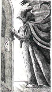 The Death Card. Grim as it sounds, the Death card actually stands for change and loss. Having been raised not to fear death, I liked a gentler interpretation. This was done in inks.