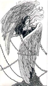 The Devil Card. I have never liked the traditional devil imagery just because they are so ugly and ridiculous. As a fallen angel, I've always pictured him as sinister, but beautiful. The Devil card stands for violence and disaster. Also done in inks