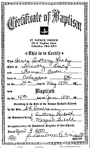 Henry Leahy Baptism Certificate