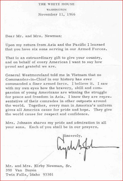 This is the letter Kirby and Mildred Newman recieved from President Johnson after thier 6th son joined the Military