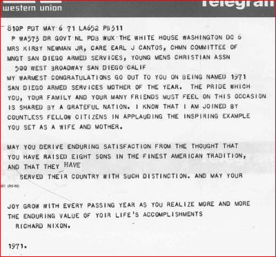 This is the letter Kirby and Mildred Newman recieved from President Nixon after thier 7th son joined the Military