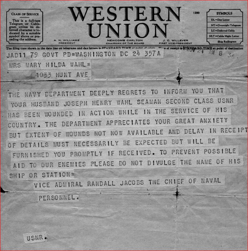 This is the telegram Joseph Wahl's family recieved after his ship the USS St. Lo was sunk
