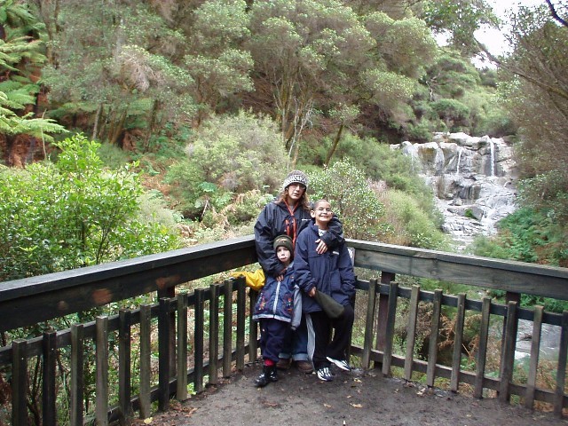 Michal and the kids near a hot waterfall