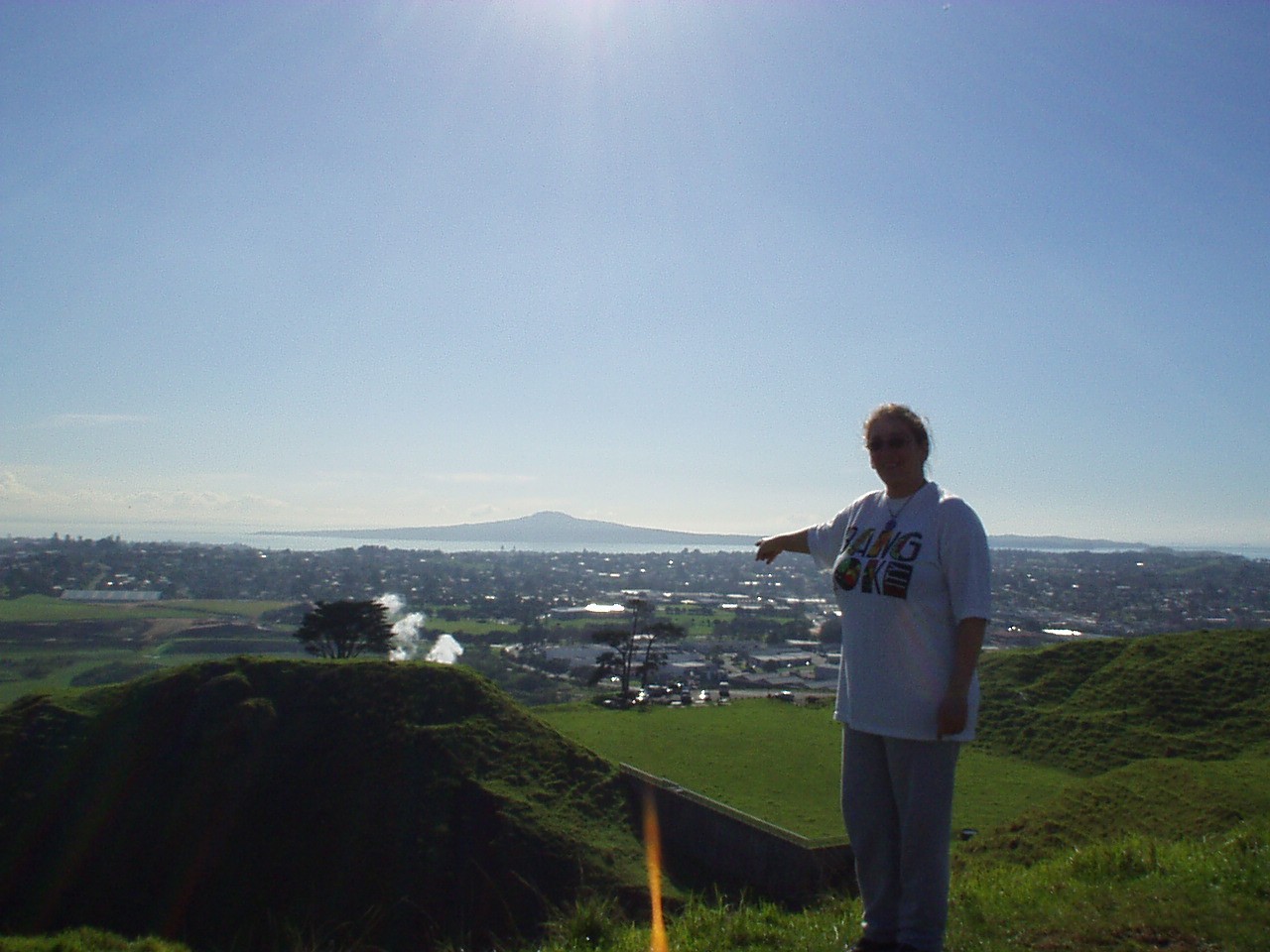Michal pointing at Rangitoto island