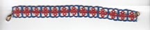 Picture of a red and blue tatted bracelet with white beads.