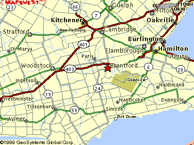 A map giving directions to the city of Brantford
