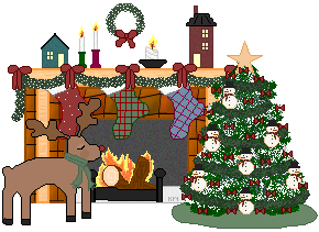 Christmas tree by a fireplace