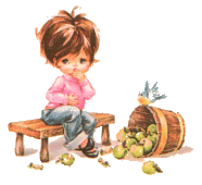 Young girl sitting on a bench by a barrel of apples