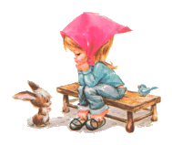 Young girl sitting on a bench looking at a bunny