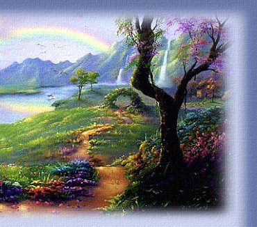 Beautiful countryside with rainbow in the sky and ocean in the background