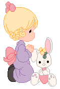 Precious Moments Girl Kneeling To Pray Next To A Bunny Facing Right