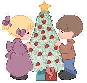 Precious Moments Kids around Decorated Tree and Gifts