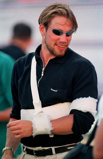 In cast after the operation. Visiting a local soccer game on July 4th, 1999 in the Denver area.