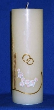 wedding candle decorated with two gold rings, roses..  size: 3x8