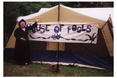 Katherine in front of the banner, 2001