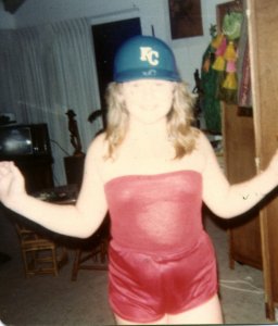 There's the tube top and satin shorts again...but this time I'm also wearing a hard hat baseball cap..How 1981!