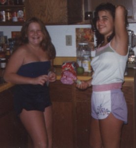 Me and Wendy grubbing for munchies, 1981. Yikes..check out the tube top and satin shorts on me...but hey, I have a tan!
