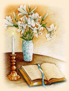 Bible, candle, and lilies