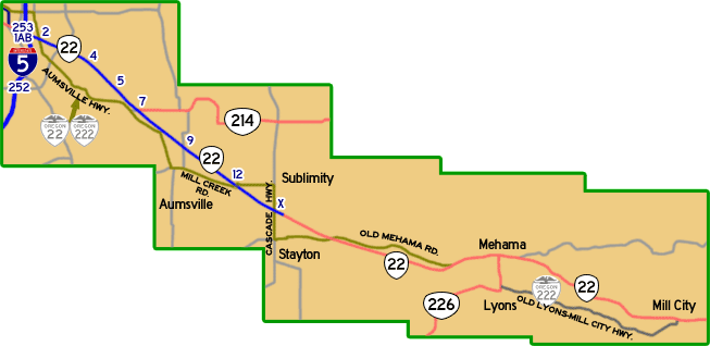 This map shows OR-22's previous alignment from Salem to Mehama