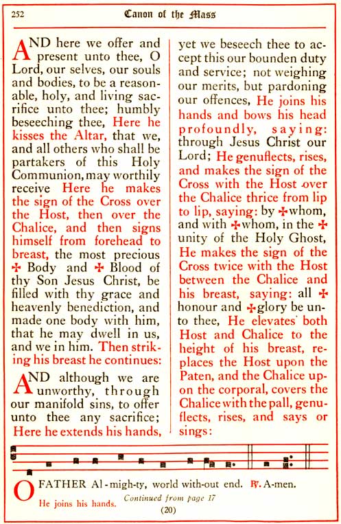American Missal (Anglo-Catholic Anglican/Episcopal): End of Book of Common Prayer Eucharistic Canon; Minor Elevation with Gregorian-chant notation in neumes
