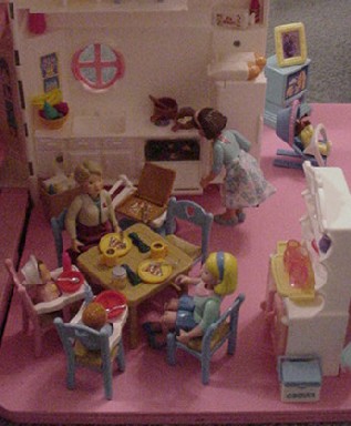 Kitchen, dining, and the hutch is from the Playskool Dollhouse