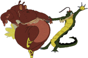 A hippo dancing with a crocodile from: the dance of hours