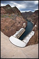 Power plant and Black Canyon seen from the top of dam. Hoover Dam, Nevada and Arizona