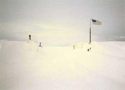 Close up view of living quarters buried by snow from a recent storm