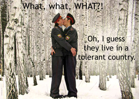[Two soldiers kissing] What, what, WHAT?  Oh, I guess they live in a tolerant country.