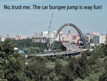 [Suspension bridge arching over a freeway] -No, trust me.  The car bungee jump is way fun!