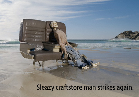 [Skeleton in clothing sitting on airplane seats on a beach] -Sleazy craftstore man strikes again.