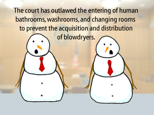 Dry Ice: The Snowman (or Snowmen) Based Comic.  The court has outlawed the entering of human bathrooms, washrooms and changing rooms to prevent the acquisition and distribution of blowdryers.