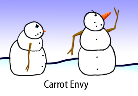 Dry Ice: The Snowman (or Snowmen) Based Comic.  [One snowman staring at another snowman with a large carrot] -Carrot Envy
