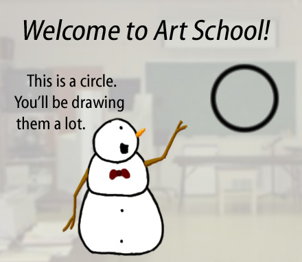 Dry Ice: The Snowman (or Snowmen) Based Comic.  Welcome to Art School! [professor pointing to a circle.] This is a circle, you'll be drawing them a lot. 