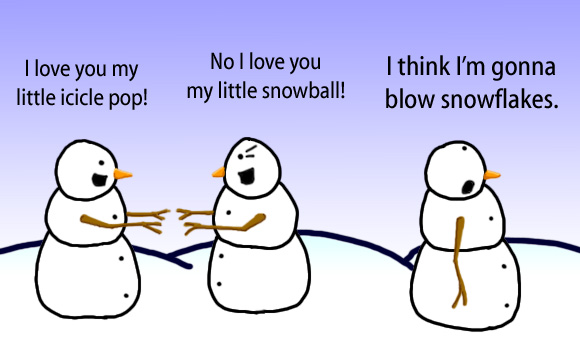 Dry Ice: The Snowman (or Snowmen) Based Comic.  -I love you my little icicle pop! -No I love you my little snowball! -I think I'm going to blow snowflakes.