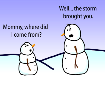 Dry Ice: The Snowman (or Snowmen) Based Comic.  [Child asking parent] -Mommy... where did I come from? -Well... the storm brought you.