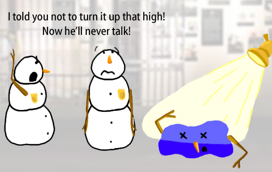 Dry Ice: The Snowman (or Snowmen) Based Comic.  [Heat lamp overlooking a melted puddle] [Snow policemen talking] -I told you not to turn it on that high!  Now he'll never talk!