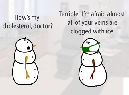 Dry Ice: The Snowman (or Snowmen) Based Comic.  -How's my cholesterol doctor?  -Terrible, I'm afraid all your veins are clogged with ice.