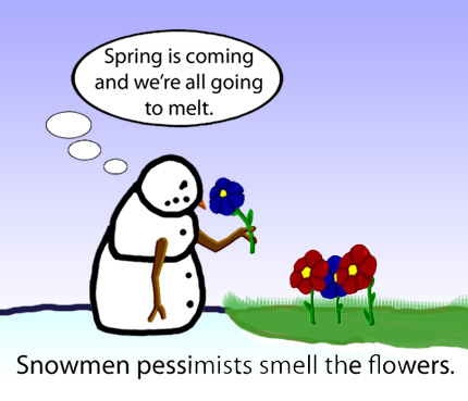 Dry Ice: The Snowman (or Snowmen) Based Comic.  Snowman Pessimists Smell the Flowers. -Spring is coming and we're all going to melt.